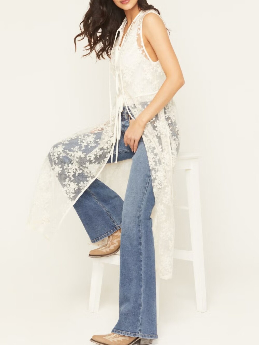 Long Embroidered Sheer Floral Lace Dress Cover-Up Effortless Feminine Duster